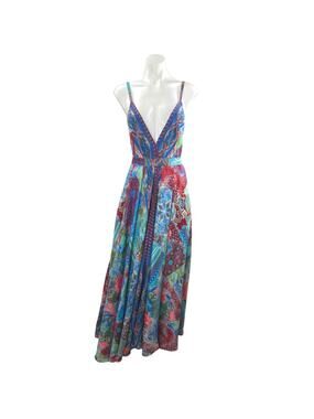 Advance Multicolor Silk Floral Paisley Deep V Neck Sleeveless A Line Maxi Dress